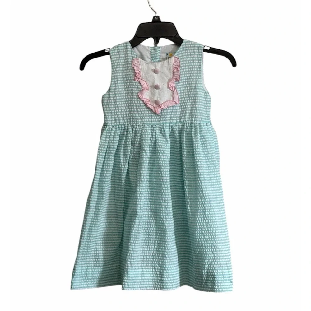 Sugar Dumplin Seersucker Dress Sz 6T Girls Green White Gingham Sundress